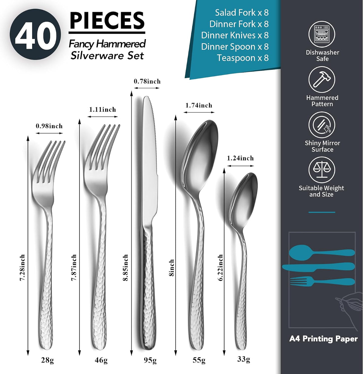Hammered Silverware Set, EIUBUIE 40-Piece Stainless Steel Flatware Set for 8, Mirror Finish Tableware Kitchen Cutlery Sets, Durable Home Eating Utensils Sets Includes Fork Spoon Knife, Dishwasher Safe