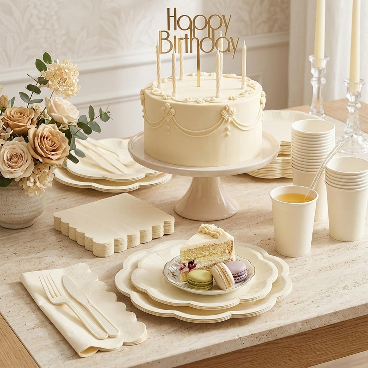 Vyntra Ivory Paper Plates, Cups & Napkins, 350 Pcs Scalloped Party Set