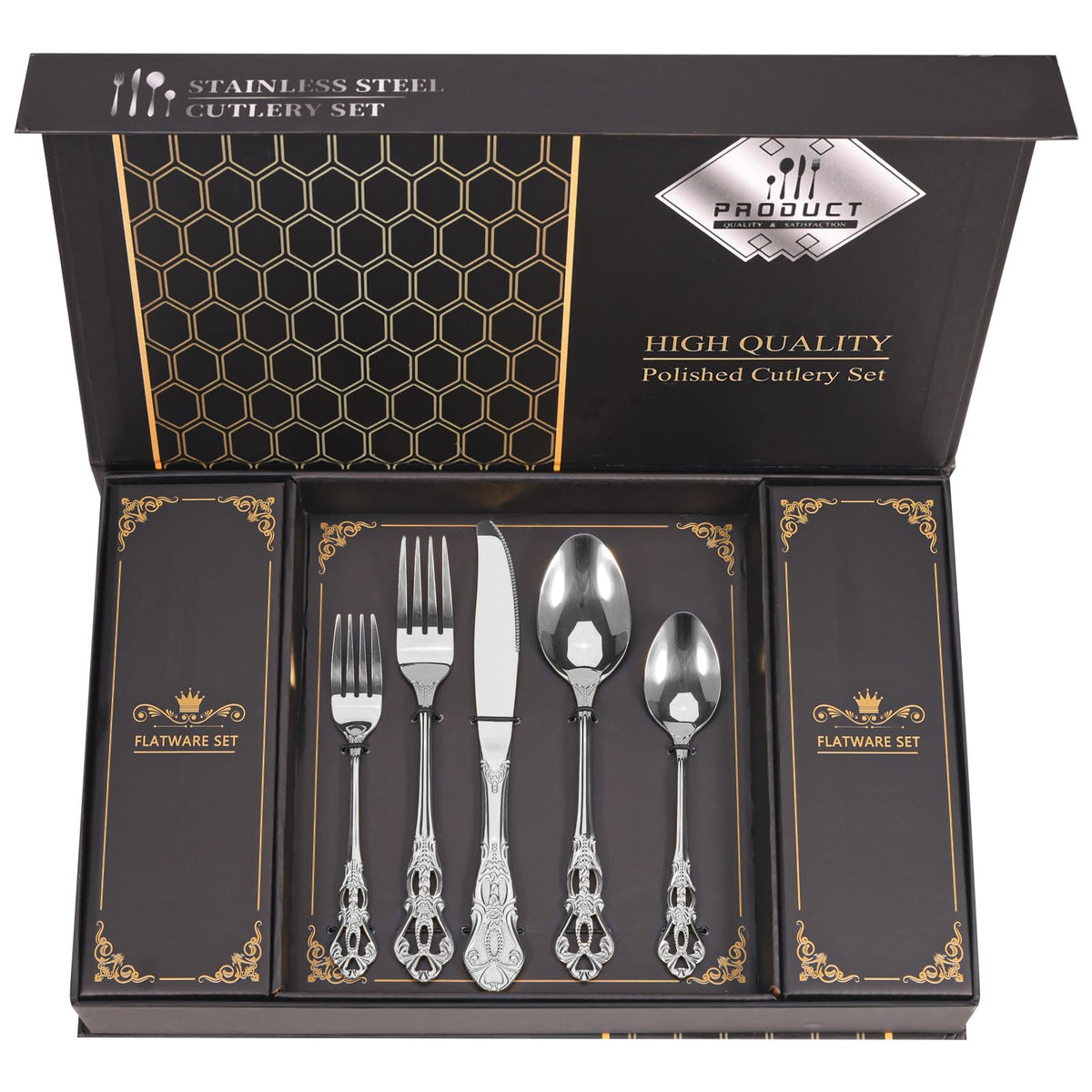 Retro Royal Gold Silverware Set With Gift Box For 8 Cutlery Set Utensils Stainless Steel Flatware 40 Pieces MIKIWAY Kitchen Tableware Set For Gifts Festive, Dishwasher Safe, Mirror Polishing