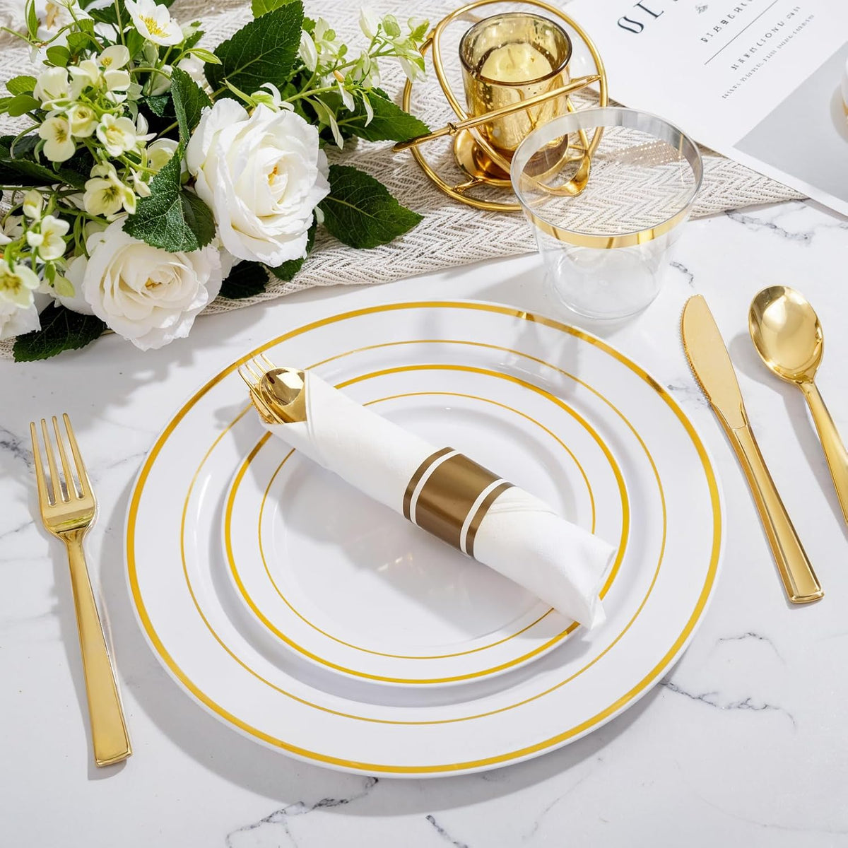 WELLIFE Disposable Plates & Gold Silverware Set, 350 Pieces for 50 Guests