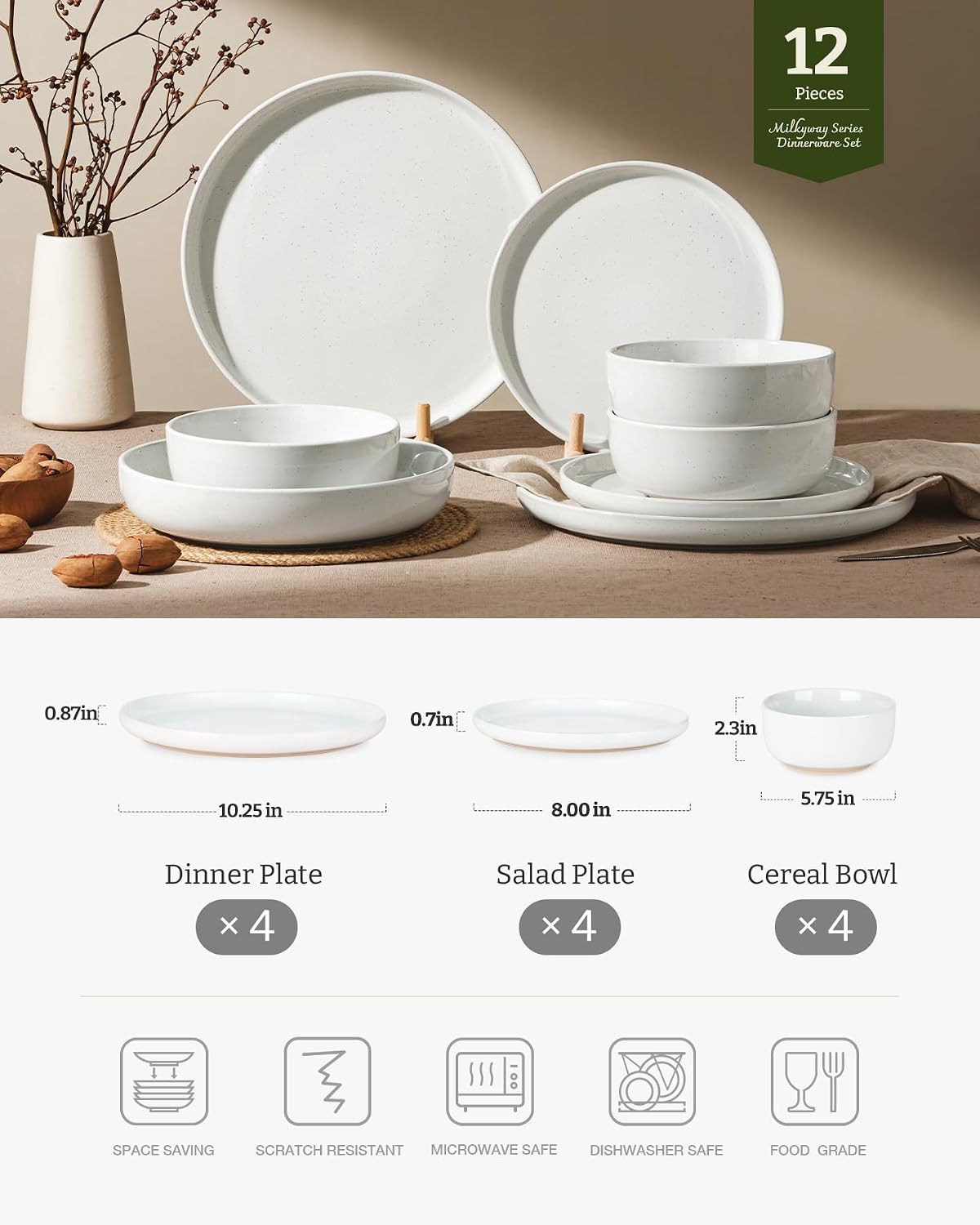 Famiware Milkyway 12-Piece Stoneware Dinnerware Set, White