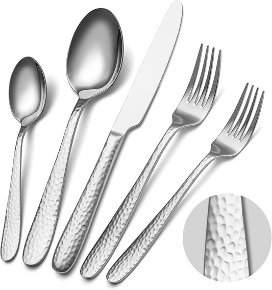 Hammered Silverware Set, EIUBUIE 40-Piece Stainless Steel Flatware Set for 8, Mirror Finish Tableware Kitchen Cutlery Sets, Durable Home Eating Utensils Sets Includes Fork Spoon Knife, Dishwasher Safe