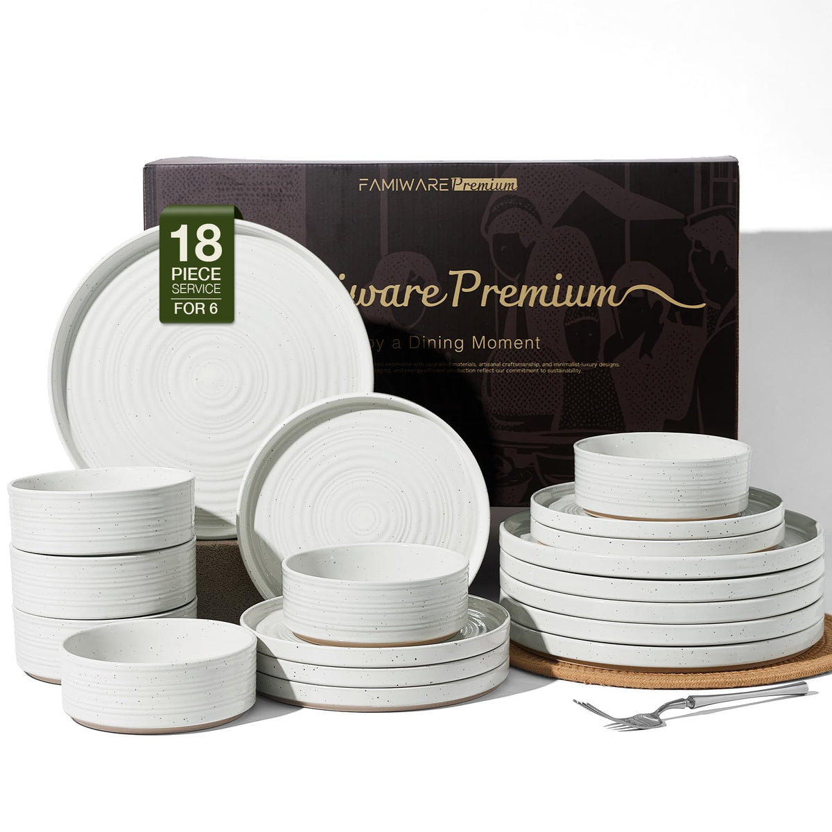 Stoneware Dinnerware Sets for 4, Reactive Glaze Plates & Bowls, Shell Beige