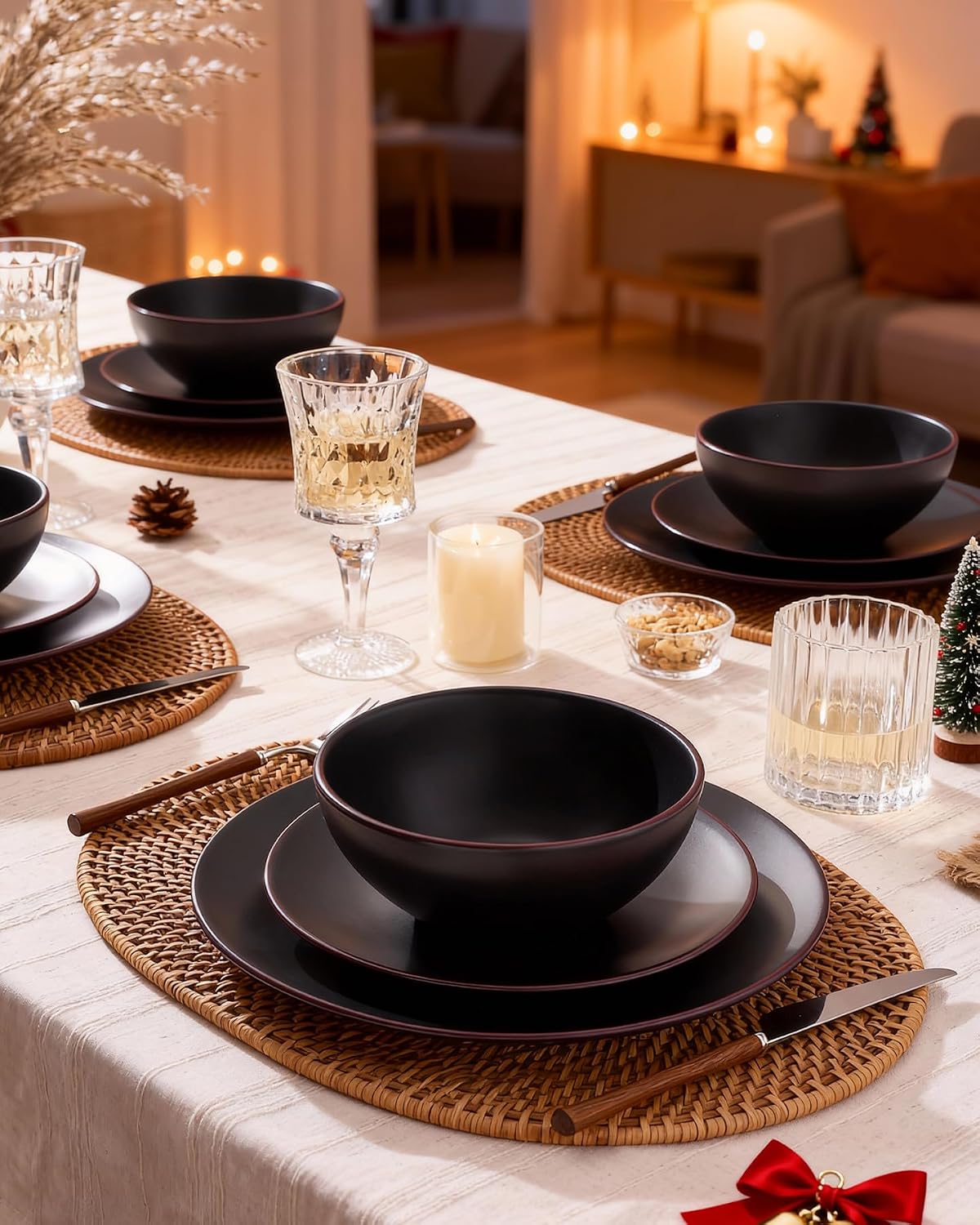 Famiware Venus Plates and Bowls Sets, 12pcs Stoneware Dinnerware Set for 4