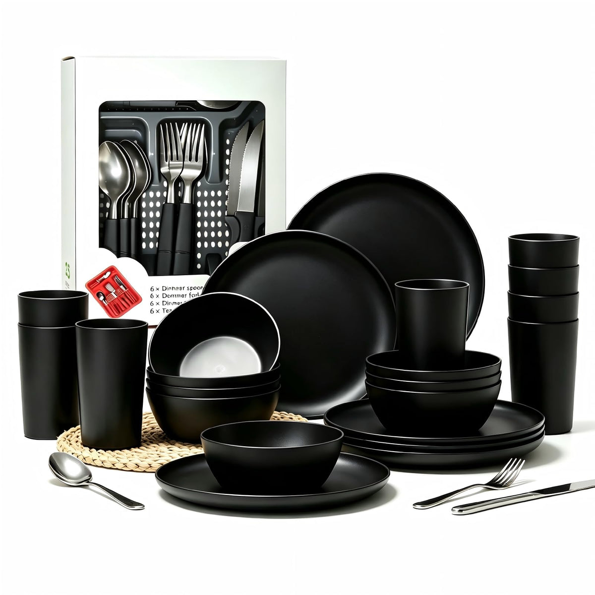 24pcs Matte Black Dinnerware Set, Plates Bowls & Cups, Unbreakable Dishes for 8, Reusable BPA‑Free Tableware, Dishwasher Safe for Kitchen Party Picnic Camping, Bonus Cutlery Set Included