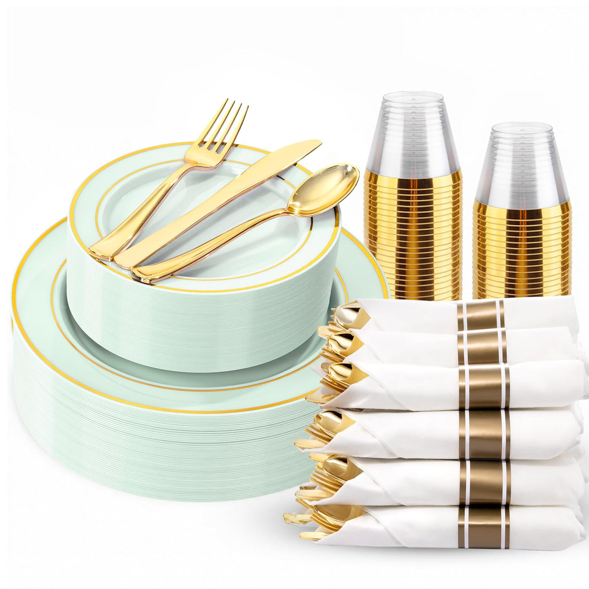 WDF Partyware 350Piece Gold Dinnerware Set for 50 Guests - Gold Plastic Plates with Disposable Cutlery - 50Dinner Plates-50Dessert Plates-50Pre Rolled Napkins with Silverware for Wedding/Thanksgiving