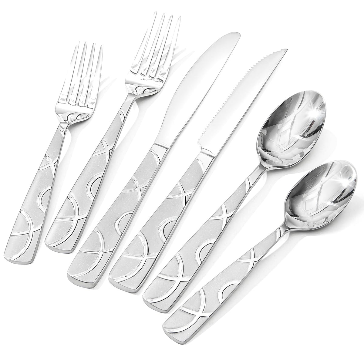 HIKAA 48PCS Stainless Steel Silverware Set with Steak Knives, Modern Flatware Set for Kitchen, Mirror Polished Cutlery Set with Forks, Spoons and Knives，Dishwasher Safe