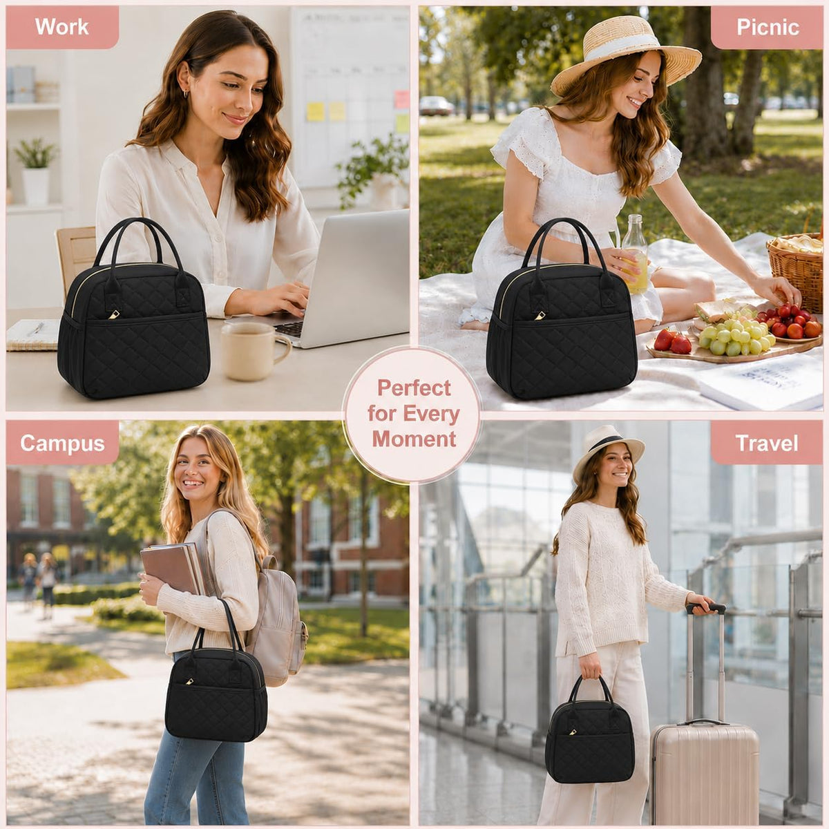 CAMTOP Lunch Box for Women Insulated Lunch Bag Lunchbox Cooler Thermal Leakproof Quilted Reusable Lunch Tote Bag for Work School Travel Picnic (Black)
