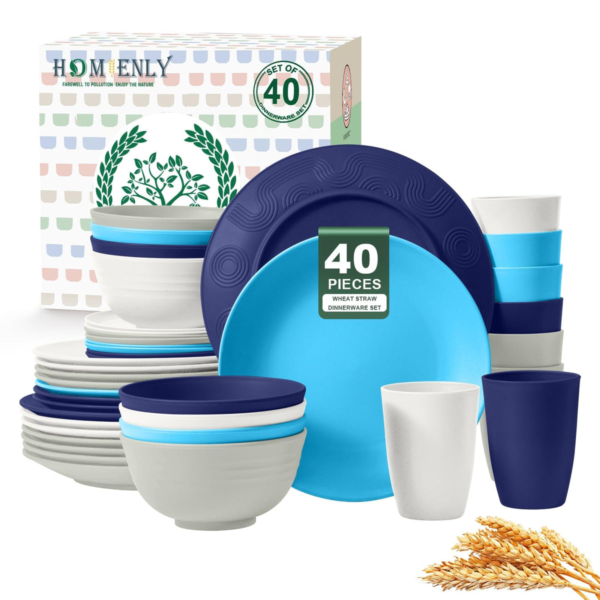 Homienly Kitchen Wheat Straw Dinnerware Set 40 PCS - Dinner Plates, Cereal Bowls, Wheat Straw Cups Set, Microwave and Dishwasher Safe Dishes Set, Unbreakable Dish Set for Party, Outdoor(Grey Stone)