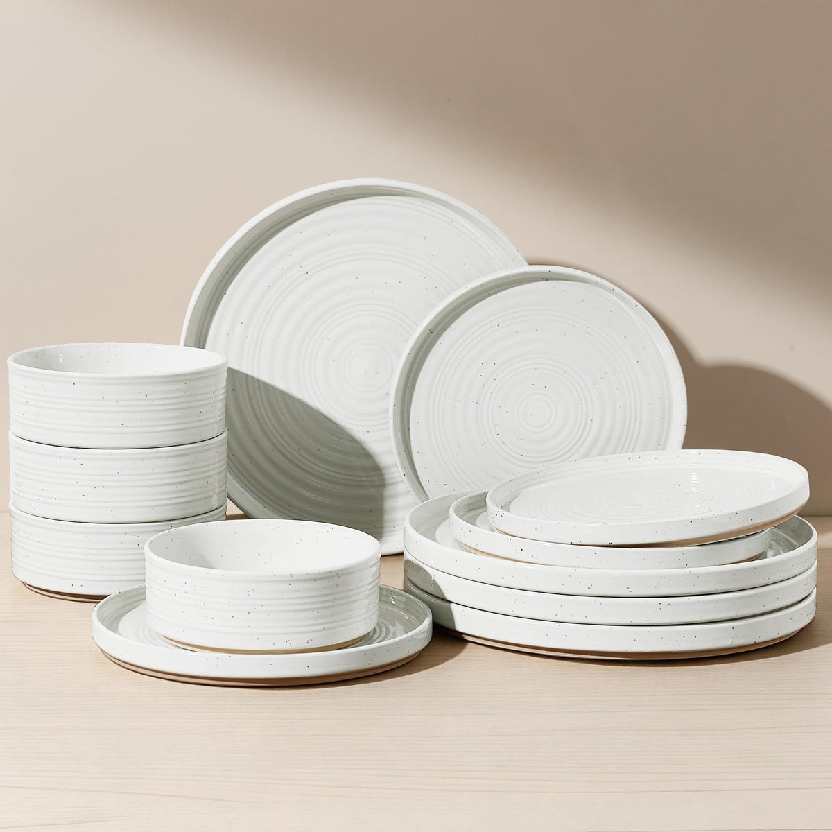 Stoneware Dinnerware Sets for 4, Reactive Glaze Plates & Bowls, Shell Beige
