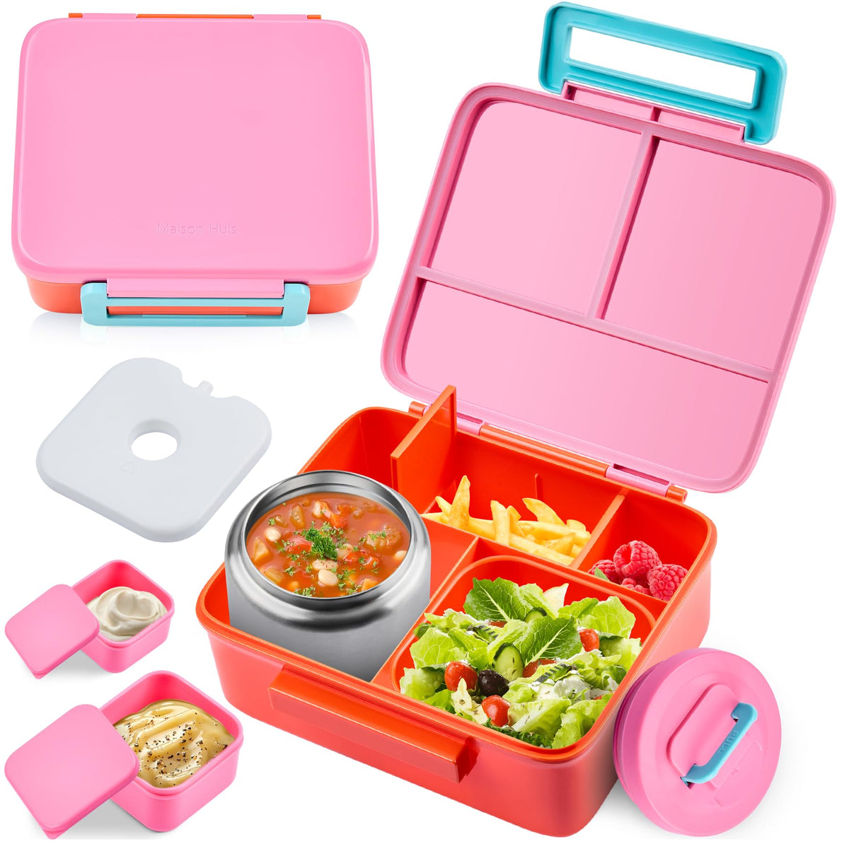 Bento Lunch Box for Kids with 8oz Soup Thermo Leak-Proof Lunch Food Containers with Snack Sauce Container for Kid Girls Boys to School,Blue Bag