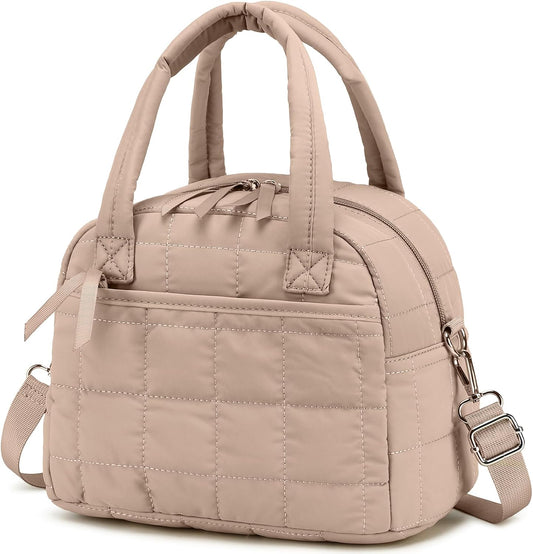 LEDAOU Lunch Box for Women, Quilted Insulated Lunch Bag, Puffy Lunch Tote with Adjustable Shoulder Strap for Work School Travel (Brown, Regular 9L)