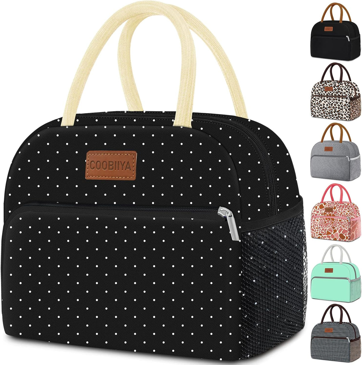 Coobiiya Lunch Bag Women,Lunch Box LunchBag for Women Adult Men, Small Leakproof Cute Lunch Tote Large Capacity Reusable Insulated Cooler Lunch Container for Work/Office/Picnic/Travel-Black Polka Dot