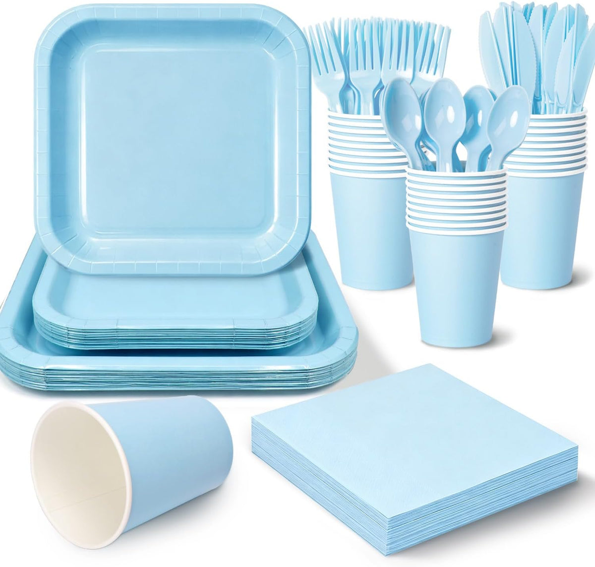 Vyntra 350 Pcs Light Blue Square Paper Plates and Napkins Set, Serves 50