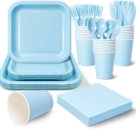 Vyntra 350 Pcs Light Blue Square Paper Plates and Napkins Set, Serves 50