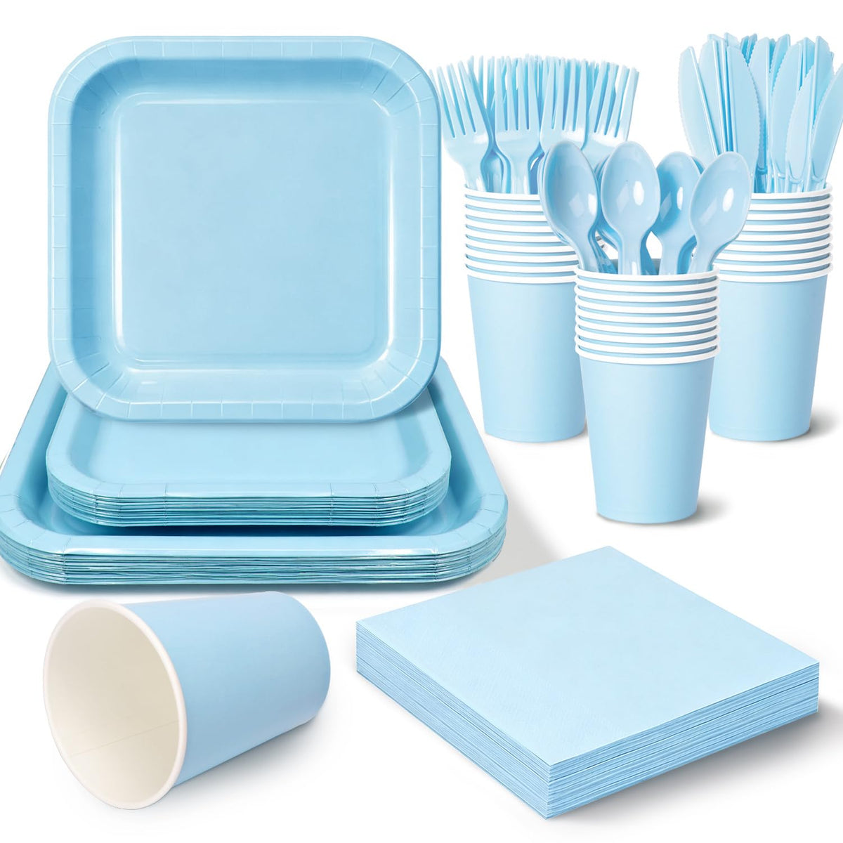Vyntra 350 Pcs Light Blue Square Paper Plates and Napkins Set, Serves 50