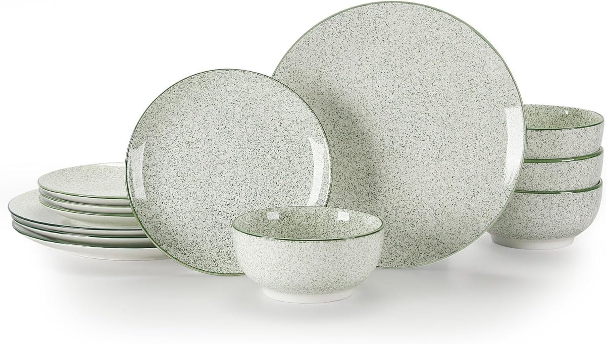 Sweejar Dinnerware Set of 4,12 Piece Ceramic Plates and Bowls Set Green