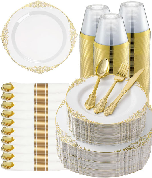 Goodluck 350 Piece Gold Plastic Dinnerware Set for 50 Guests
