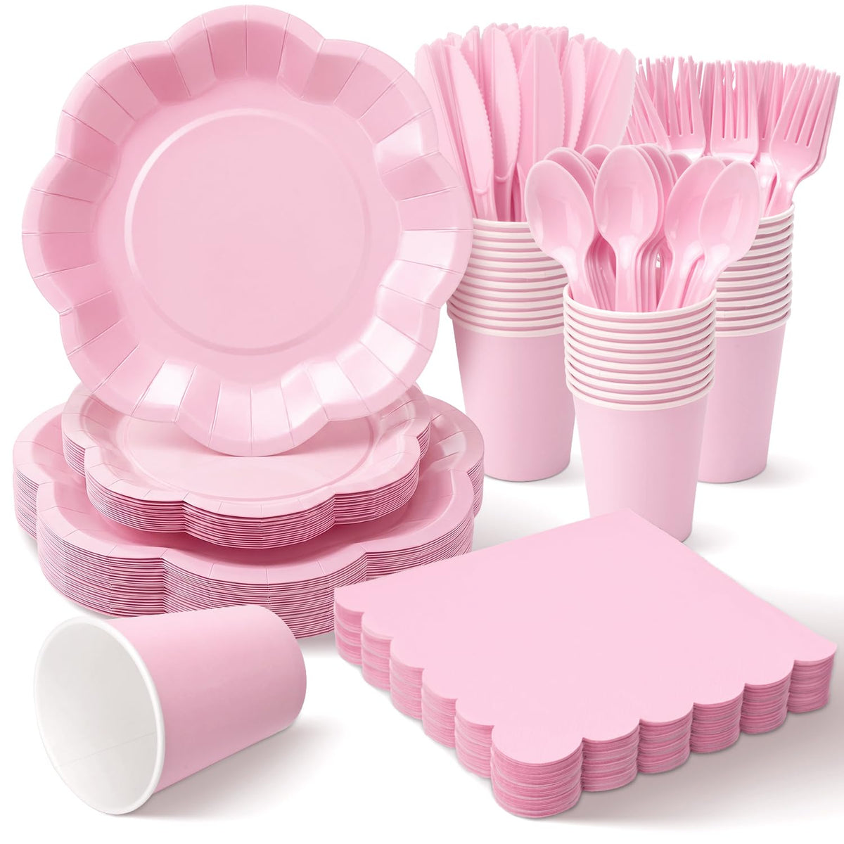 Vyntra Ivory Paper Plates, Cups & Napkins, 350 Pcs Scalloped Party Set