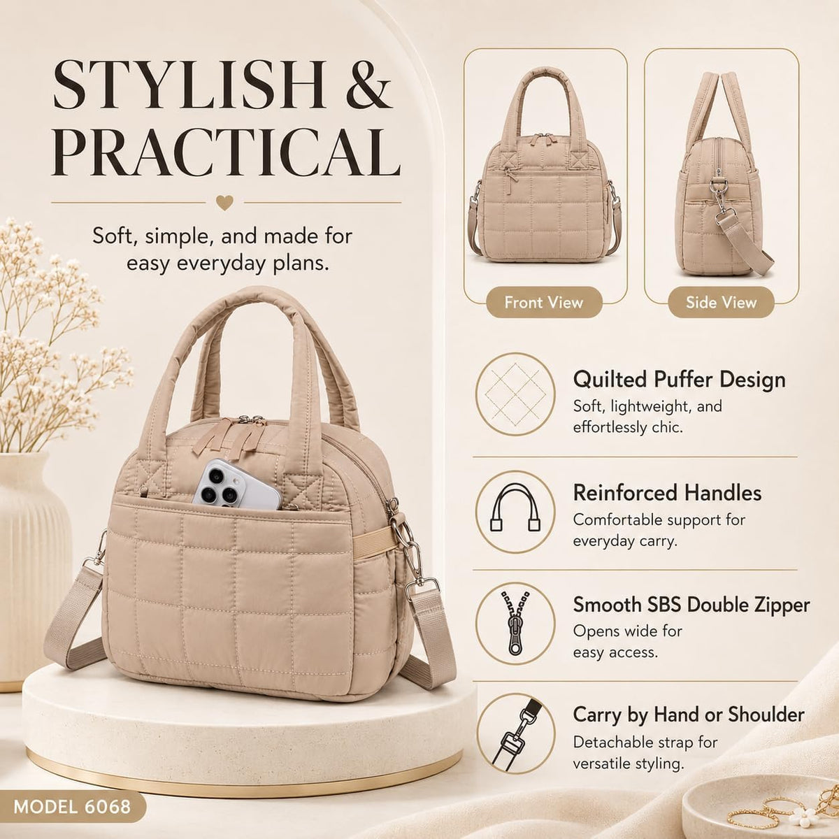 LEDAOU Lunch Box for Women, Quilted Insulated Lunch Bag, Puffy Lunch Tote with Adjustable Shoulder Strap for Work School Travel (Brown, Regular 9L)
