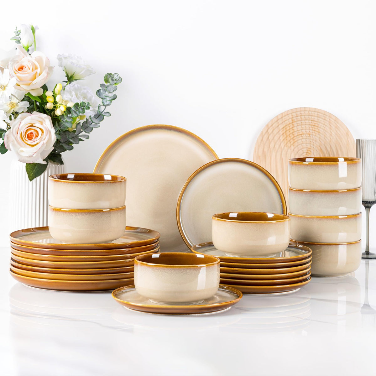 LeRatio Ceramic Dinnerware Sets for 4,12Pcs Porcelain Plates and Bowls Set