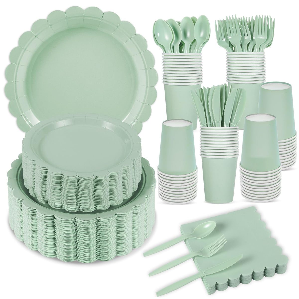 25 Set Party Plates and Cups and Napkins Ivory Scalloped Dinnerware