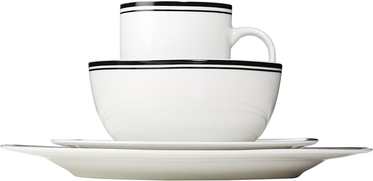 Amazon Basics 16-Piece Cafe Stripe Dinnerware Set, Microwave and Dishwasher Safe, Plates, Bowls, Mugs, Service for 4, Black