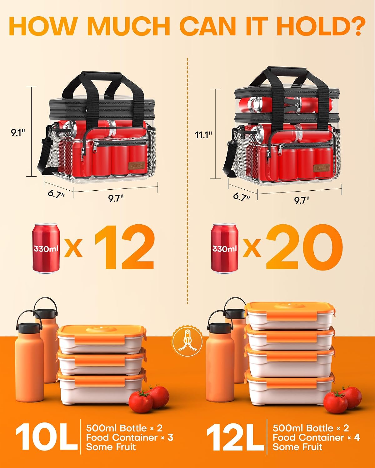 HOTOR Lunch Box Men Women Double-Layer Insulated Lunch Bag Black 12L