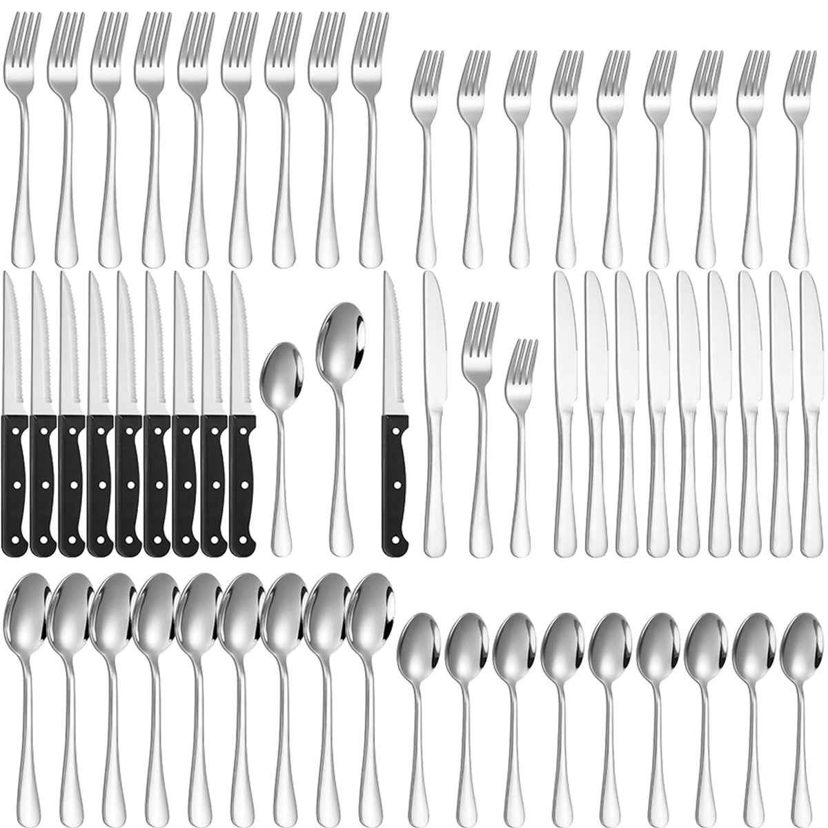 Lazycorner 60-Piece Black Silverware Set with Steak Knives Black Stainless Steel Flatware Set for 10 Food Grade Tableware Cutlery Set Rust-proof, Mirror Polished, Dishwasher Safe