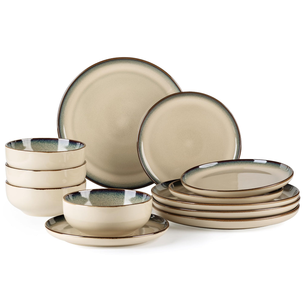 GBHOME Ceramic Dinnerware Sets for 8, 24 Pieces Stoneware Plates and Bowls Sets, Scratch Resistant Dishes, Dishwasher & Microwave Safe, Reactive Glaze-Green Wheat
