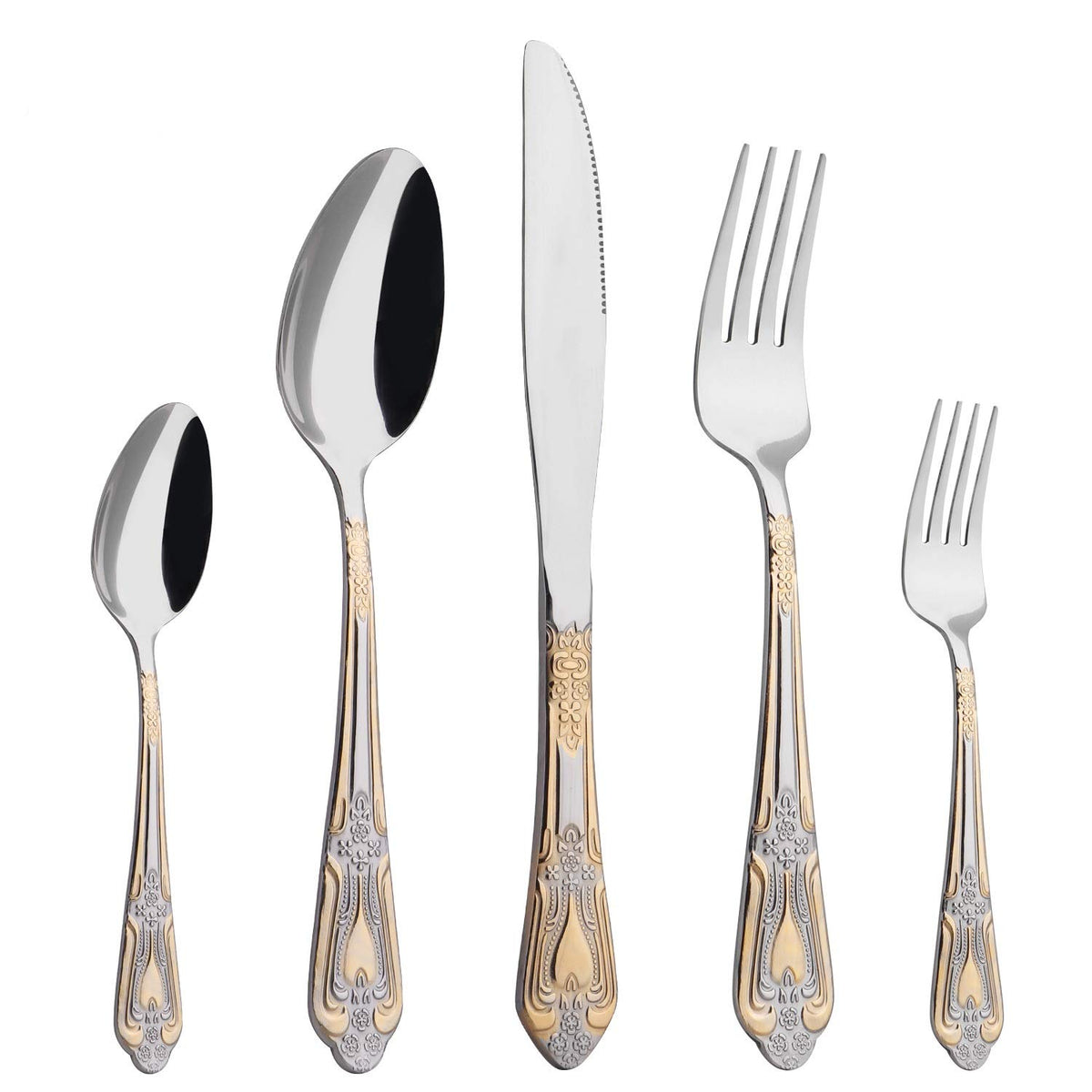 Gold Silverware Set, 20 Piece Stainless Steel Golden Flatware Set for 4, Silver Tableware Set with 24K Gold-Plated Trim, Eating Utensils, Great for Family Gatherings & Daily Use(Prestige)