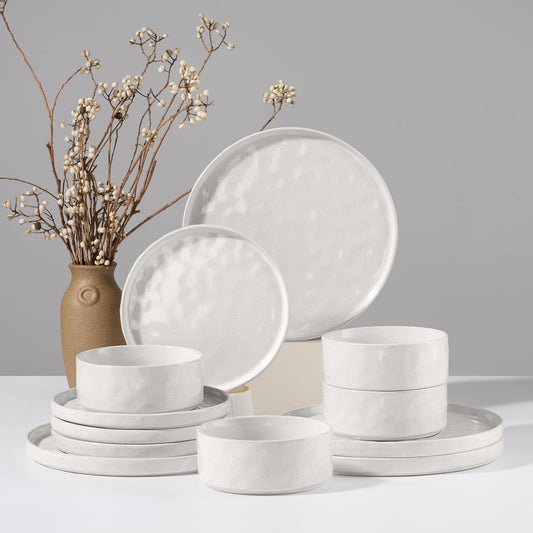 HaWare Dinnerware Sets, 12-Piece Plates and Bowls Set, Speckled White