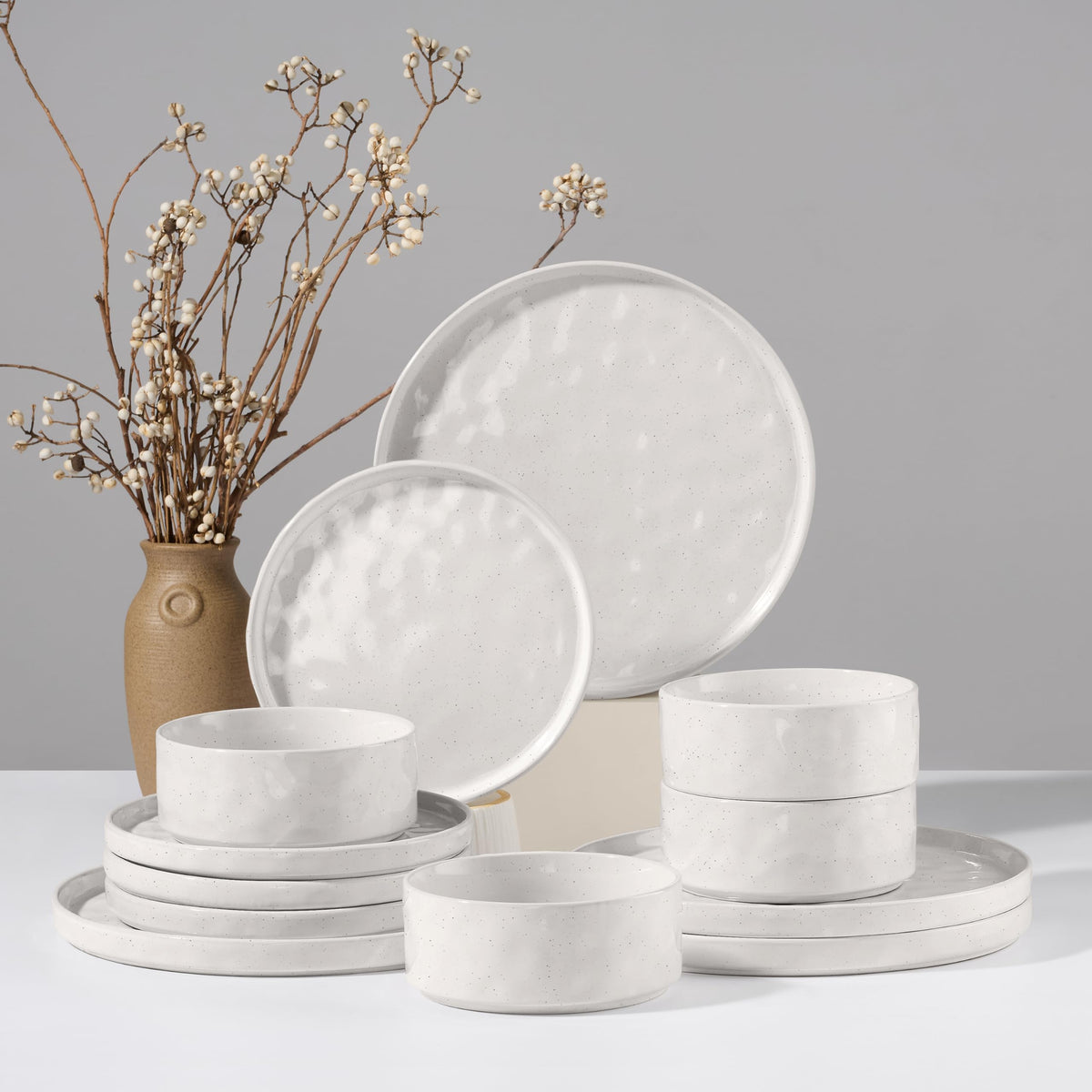 HaWare Dinnerware Sets, 12-Piece Plates and Bowls Set, Speckled White