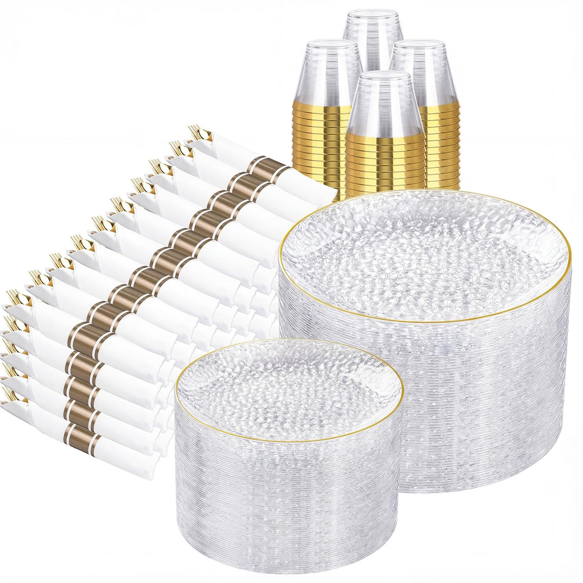 Rubtlamp 175 Pcs Plastic Dinnerware Set (25 Guests), Blue Disposable Plates With Gold Rim, Hammered Party Plates Set Include Dinner Platos, Dessert Platos, Cups, Cutlery And Napkins for Party