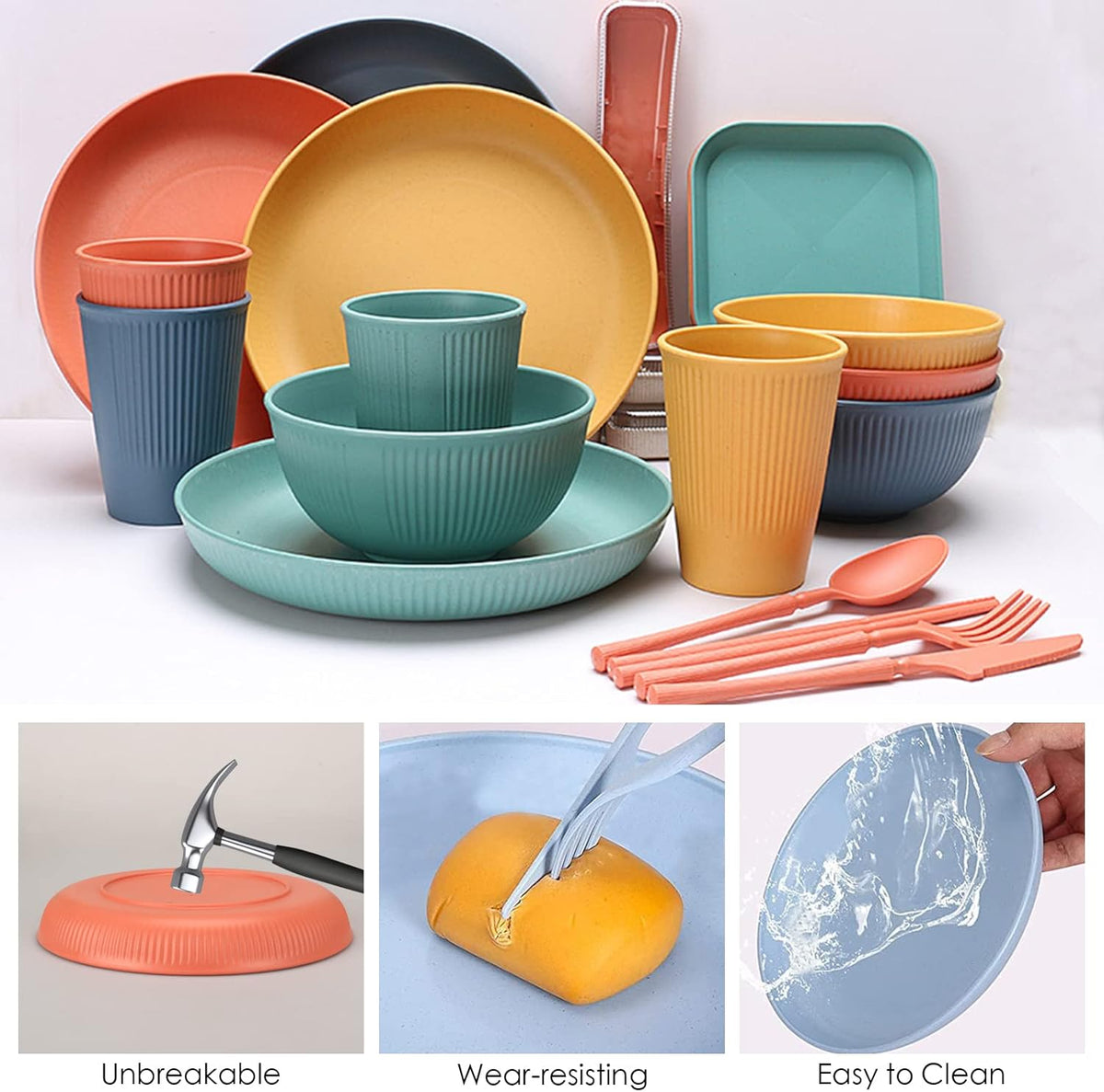 48 Pcs Dinnerware Sets, Unbreakable Plates and Bowls Sets, Reusable Dinnerware Sets for 4 People, Travel Camping Picnic Home Party Cutlery Set, Dishwasher Microwave Safe Dishes