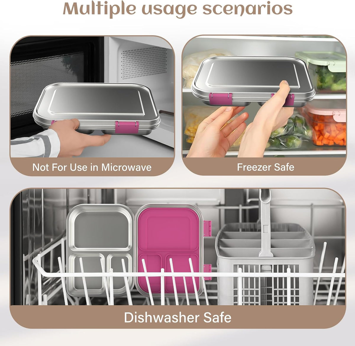 BABHAMNESS Stainless Steel Bento Box Kids, 3 Compartments Leak Proof Metal Bento Lunch Box, 304 Stainless Steel Bento Lunch Containers for School and Office,Dishwasher Safe, BPA-Free-Pink