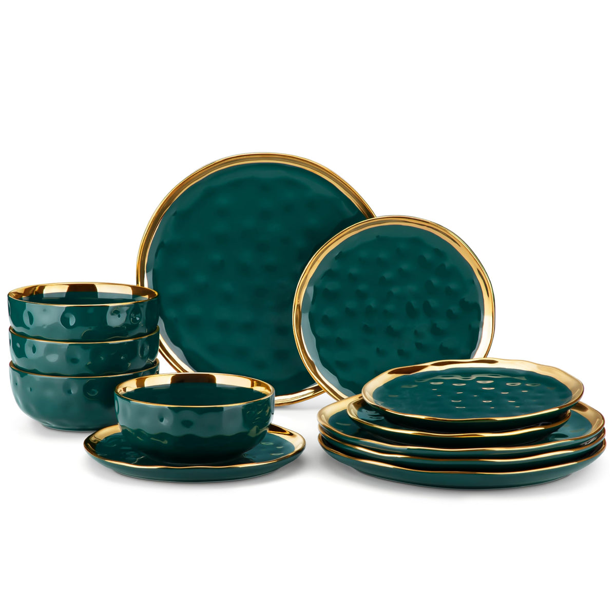 LOVECASA 12 Pieces Plates and Bowls Sets, Porcelain White and Gold Dinnerware Sets, Round Dinner Plates Dishes Set Service for 4, Dishwasher Safe and Scratch Resistant, White