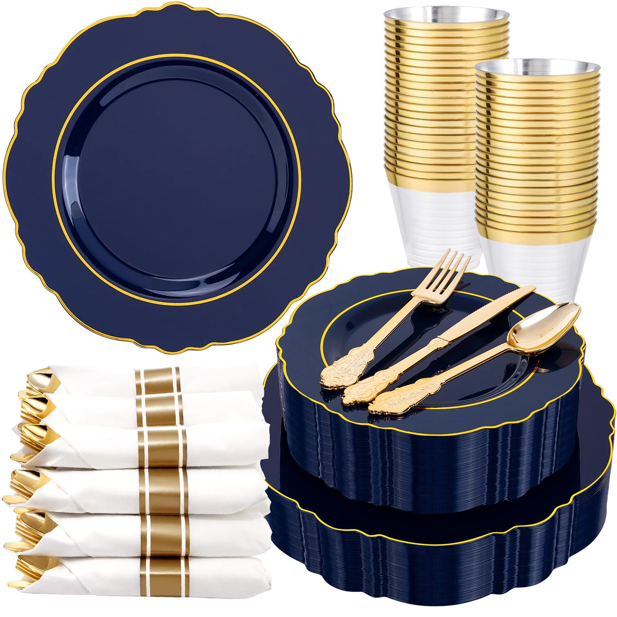 Liacere 350PCS Gold Plastic Plates-Disposable White and Gold Plates Baroque Plastic Dinnerware include 100Plates, 50Pack Pre Rolled Napkins with Silverware 50Cups for Wedding&Thanksgiving&Fall Party