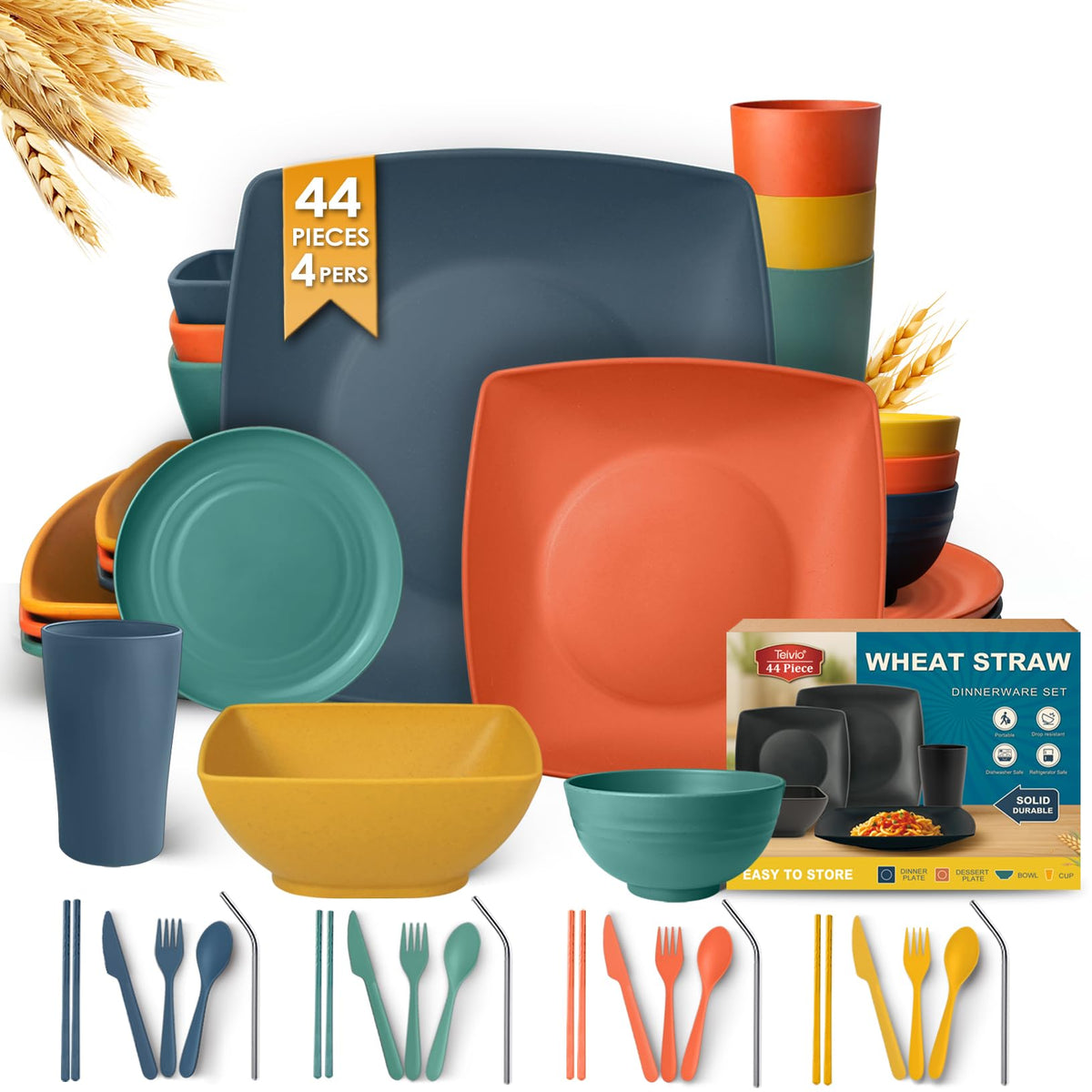 Teivio 44-piece With Flatware Plates and Bowls Sets, Black Dishes Set for 4