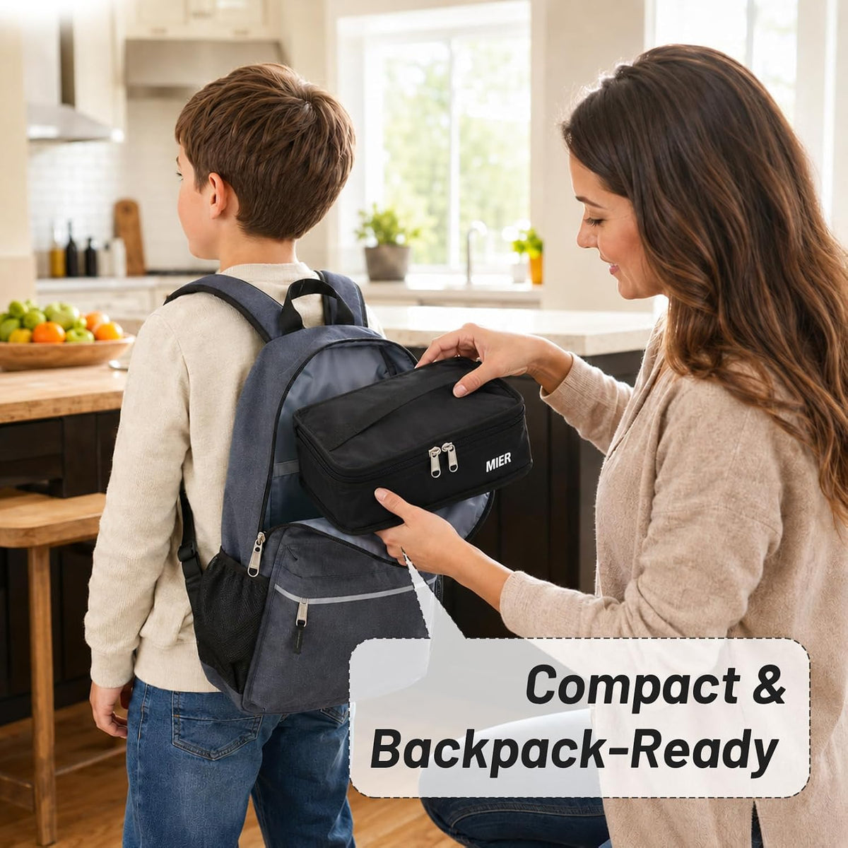 MIER Small Lunch Bag for Kids & Adults Compact Insulated Lunch Box, Black