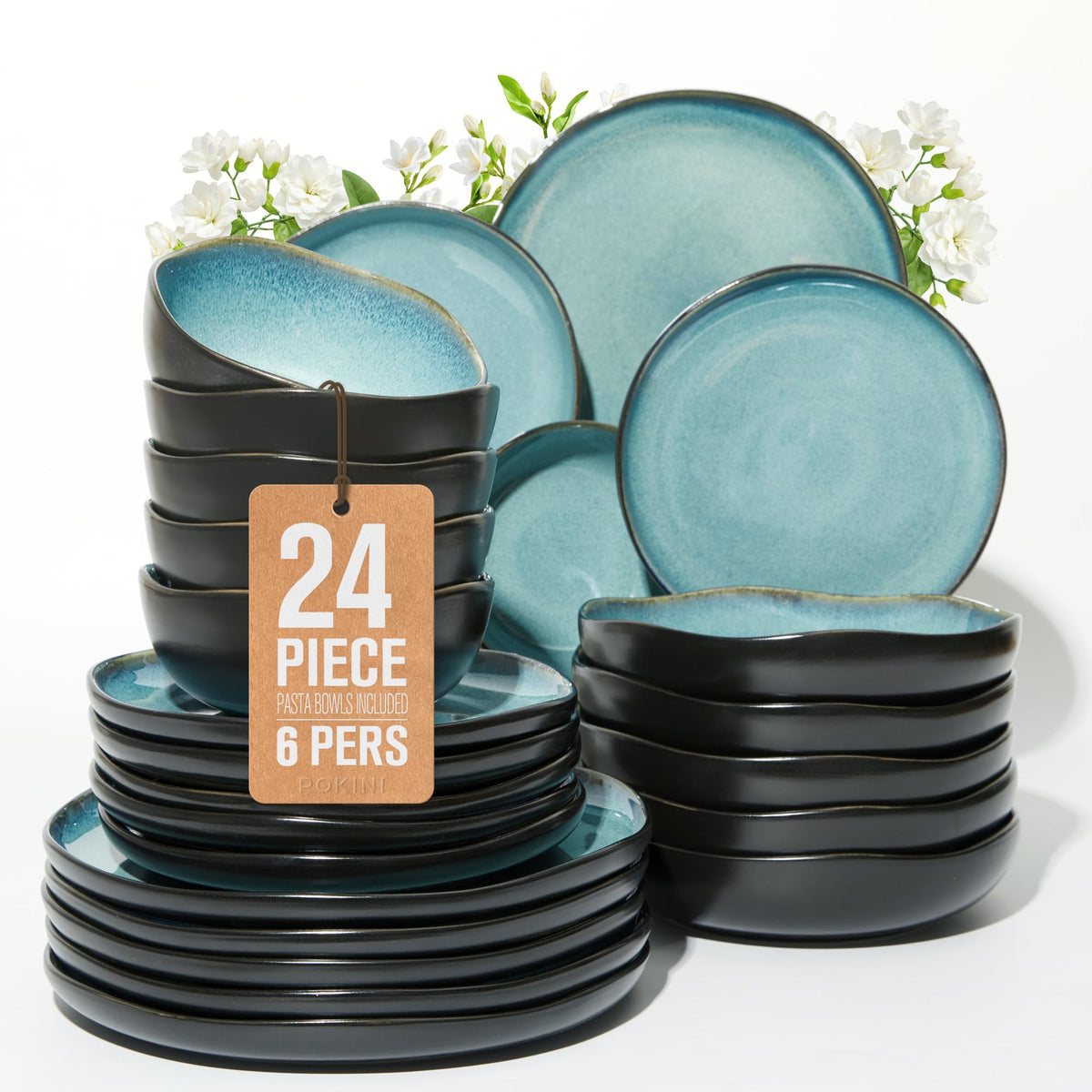 Pokini Stoneware Dinnerware Sets for 4, 12Pcs Ceramic Plates and Bowls Sets