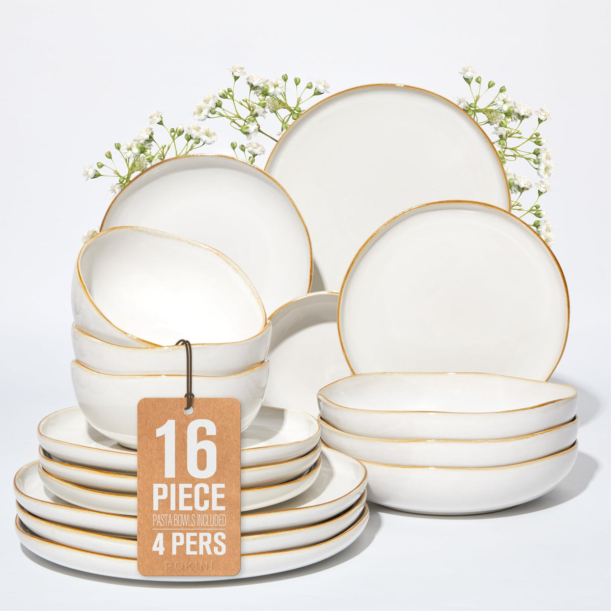 Pokini Stoneware Dinnerware Sets for 4, 12Pcs Ceramic Plates and Bowls Sets