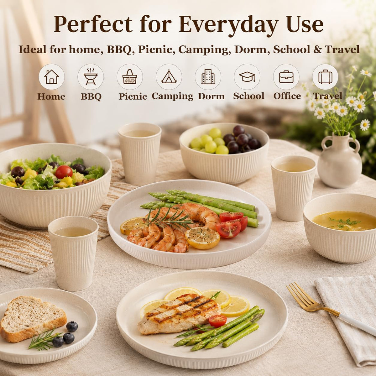 18PCS Wheat Straw Dinnerware Sets Unbreakable Reusable Dinnerware Set for 6, Microwave Dishwasher Safe Dinnerware for Outdoor Camping Dishes