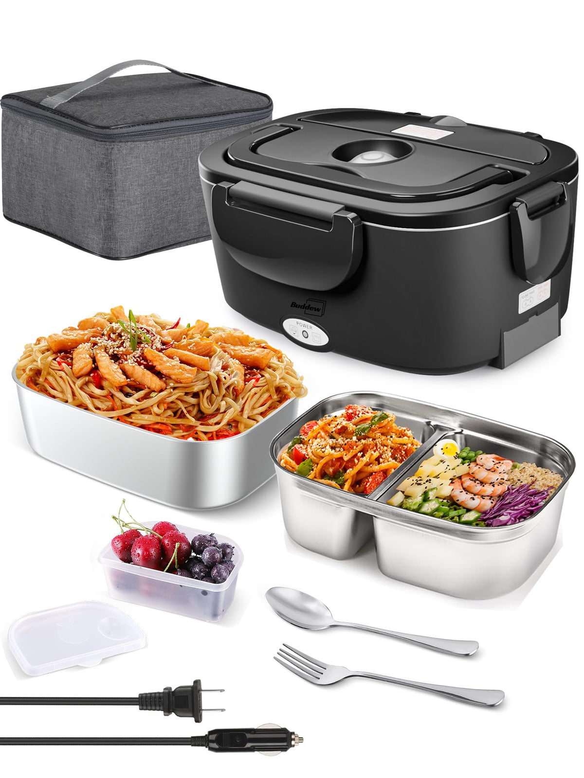 Buddew Electric Heated Lunch Box, 100W Fast Heating, 1.5L Food-Grade 304 Stainless Steel, 12V/24V/110V Portable Food Warmer for Car Truck Office Adults, Lonchera Electrica Portatil (Green)