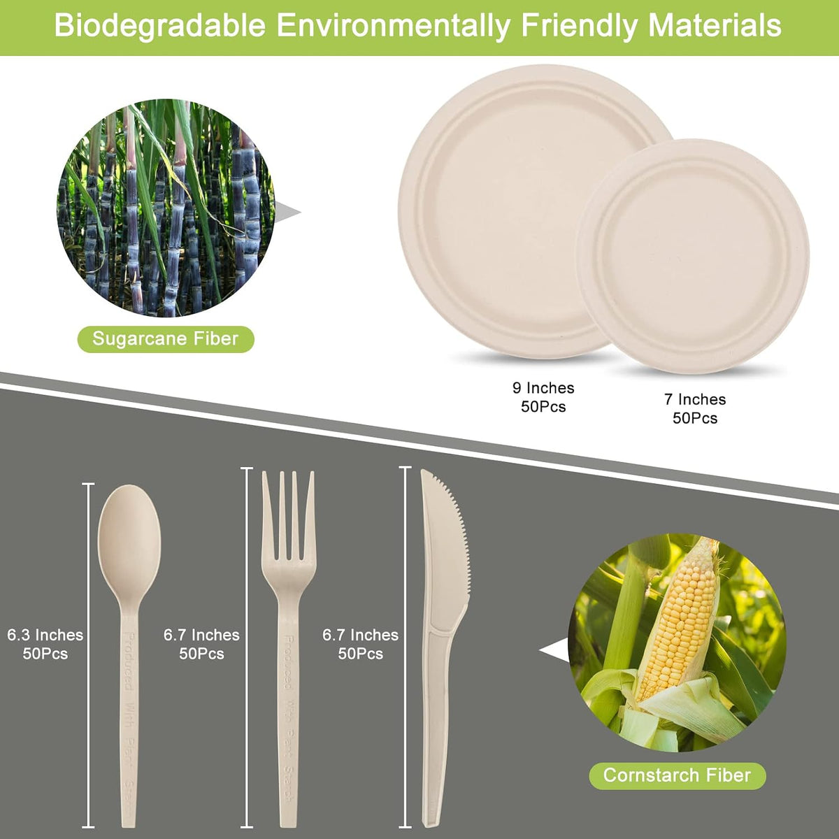 Unves 250 Pcs Compostable Paper Plates Set with Extra Long Utensils, Brown