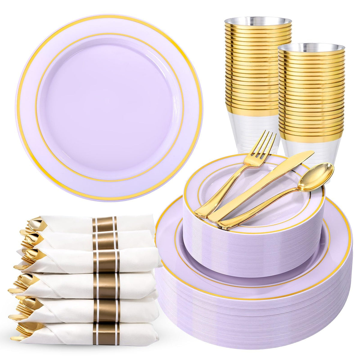 WDF Partyware 350Piece Gold Dinnerware Set for 50 Guests - Gold Plastic Plates with Disposable Cutlery - 50Dinner Plates-50Dessert Plates-50Pre Rolled Napkins with Silverware for Wedding/Thanksgiving