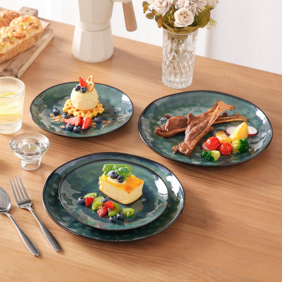 vancasso Starry 12 Pcs Dinnerware Set for 4, Handmade Reactive Glaze, Green