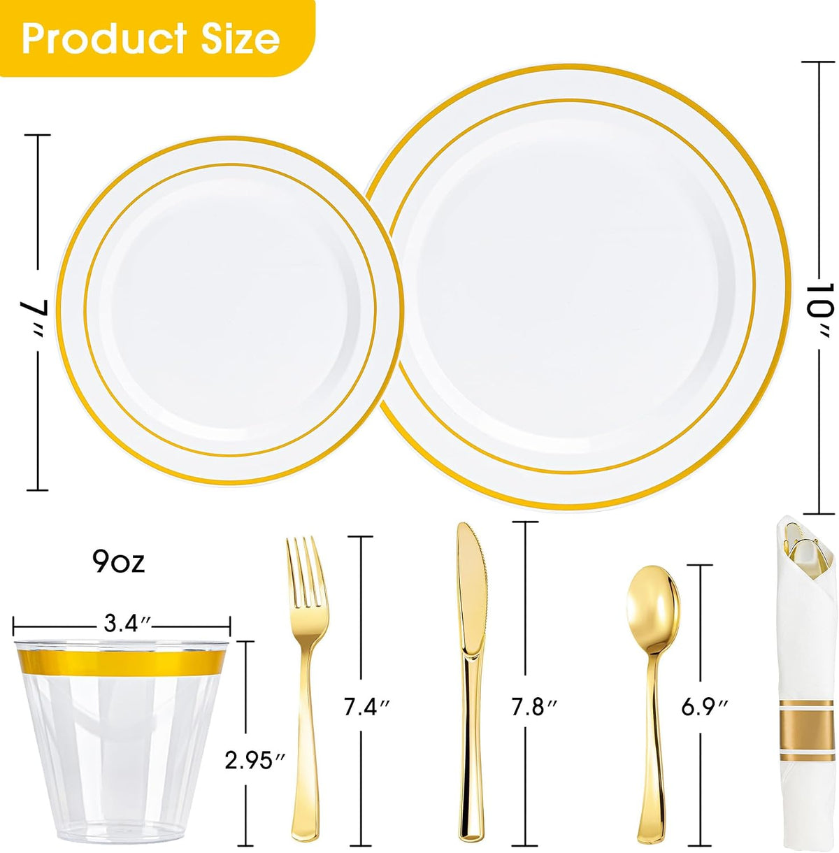 350PCS Gold Disposable Plastic Dinnerware Set for 50 Guests