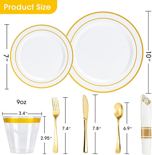 350PCS Gold Disposable Plastic Dinnerware Set for 50 Guests