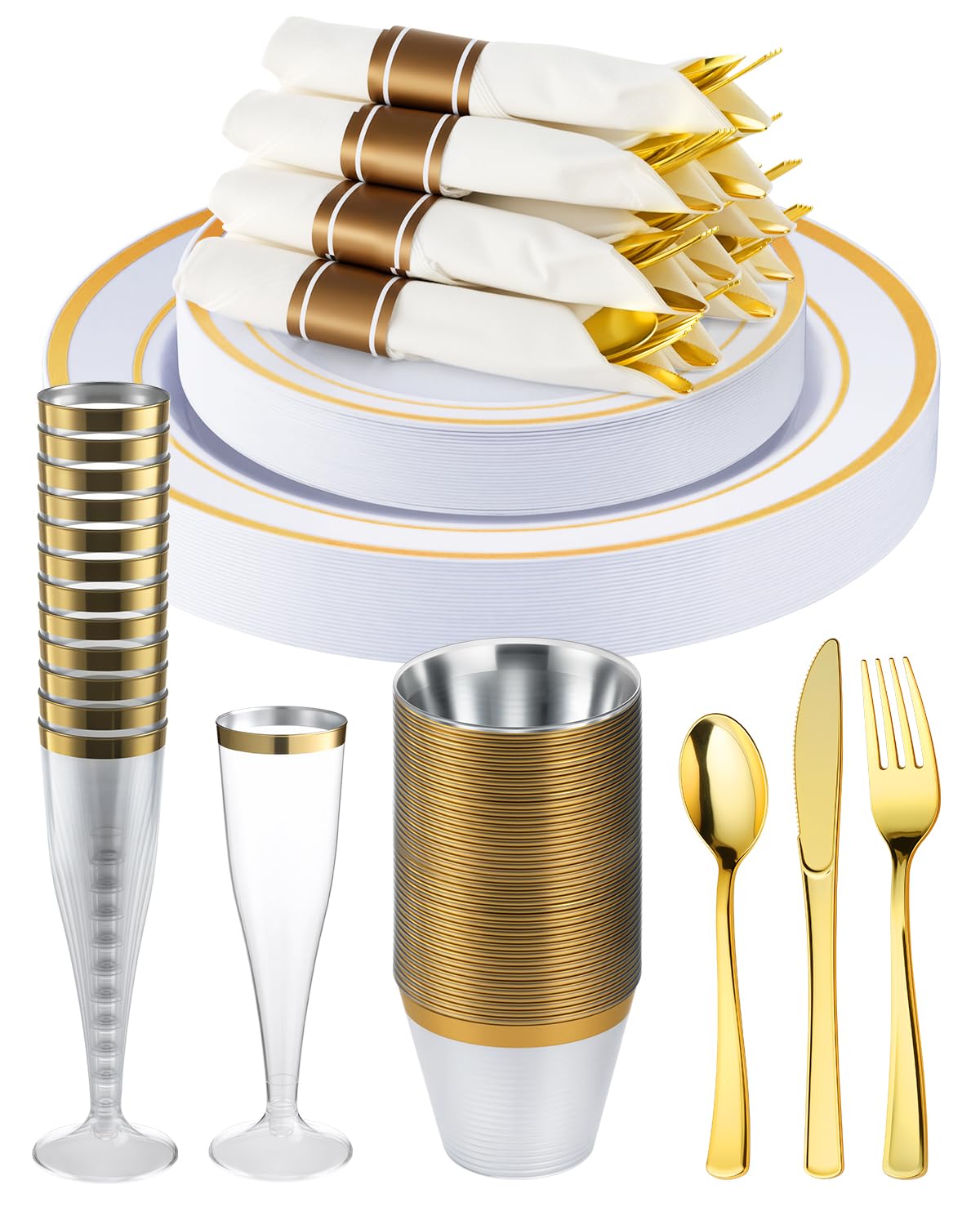 Goodluck 320PCS Gold Plates Sets, Fancy Disposable Dinnerware for 40 Guests